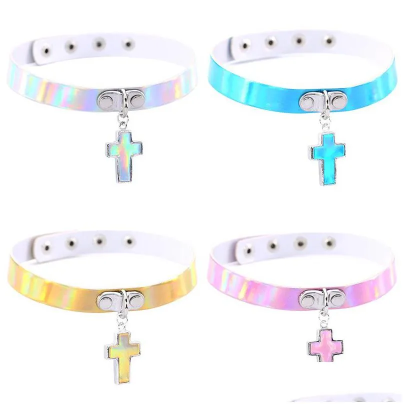 laser rainbow leather choker necklace collars with jesus cross pendant women fashion slave hip hop jewelry will and sandy drop ship