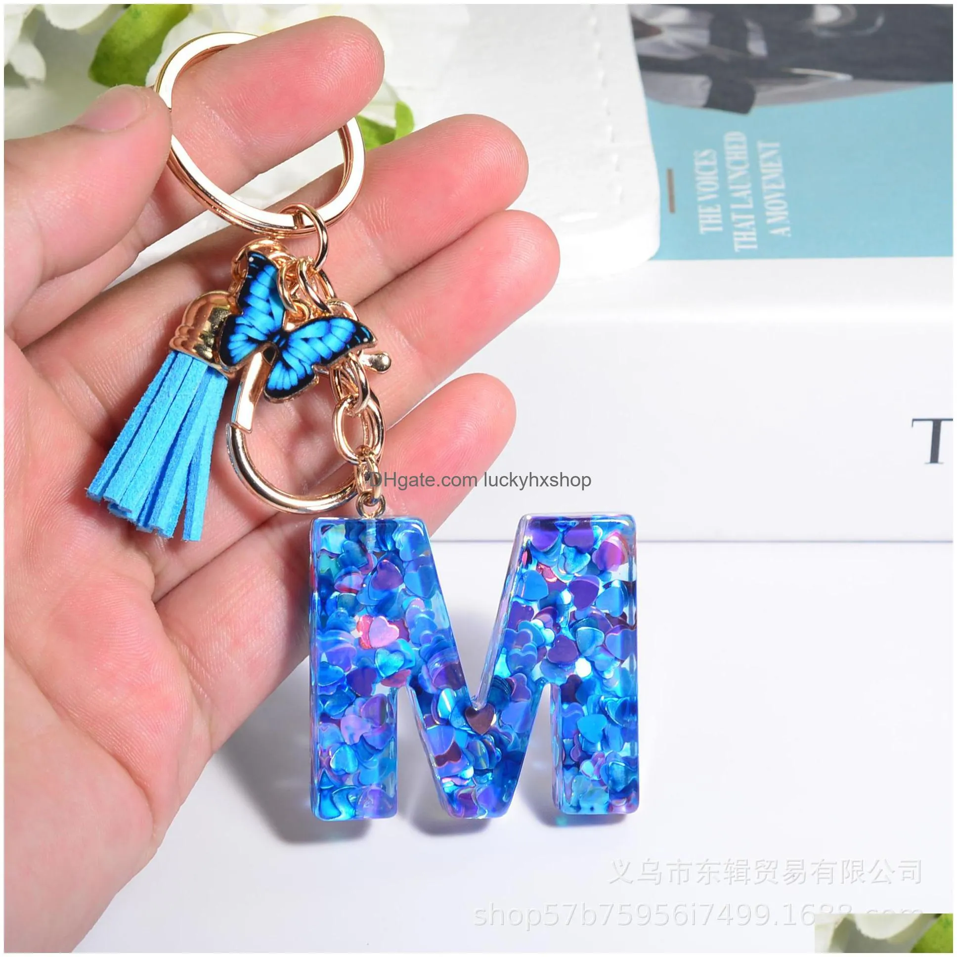 initialletter keychain resin blue love handmade crystal epoxy butterfly tassel keychain pendant for women girls