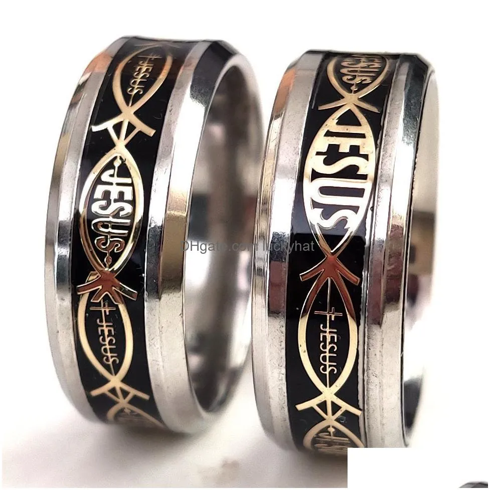 band rings bulk lots 50pcs quality comfort fit jesus fish stainless steel religious ring 8mm men fashion jewelry 230225