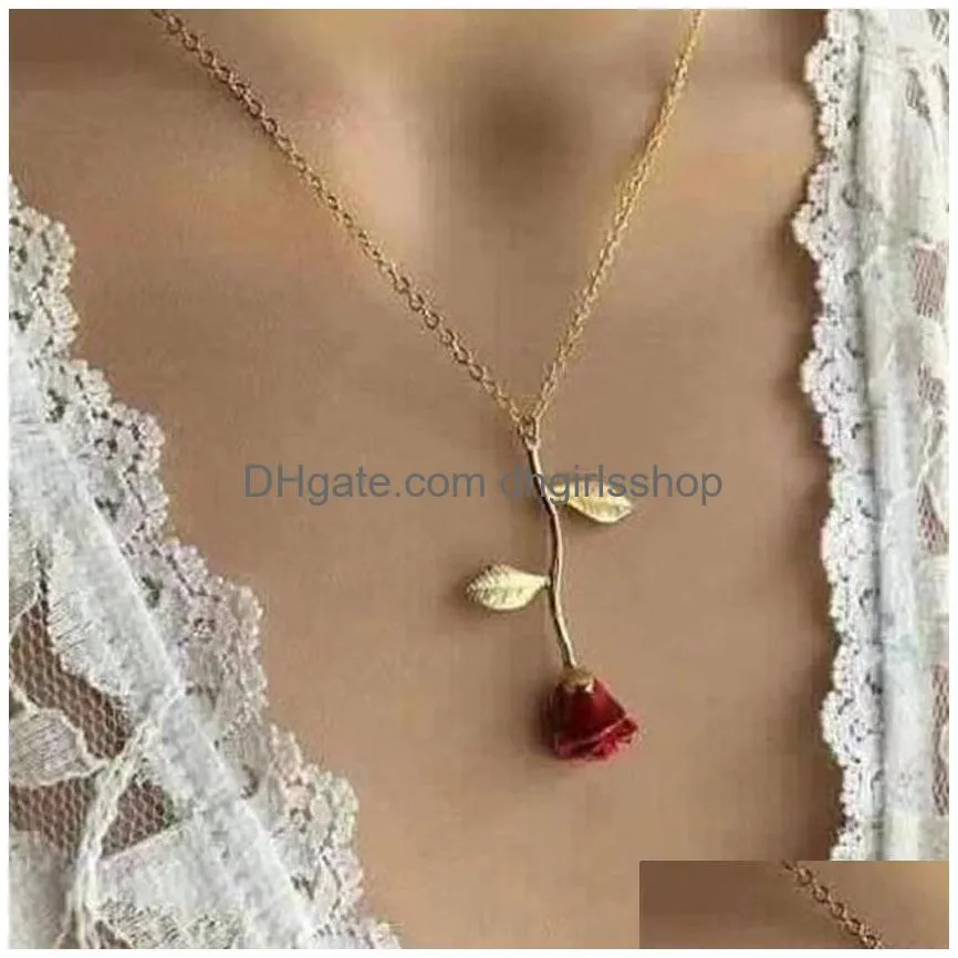 romantic red rose pendant necklace valentines day gift fashion necklaces for girlfriend designer women jewelry accessories