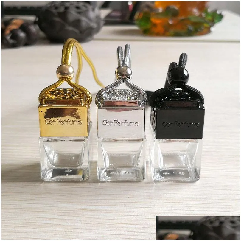 cube hollow car perfume bottle rearview ornament hanging air freshener for essential oils diffuser fragrance empty glass bottle pendant dh8558