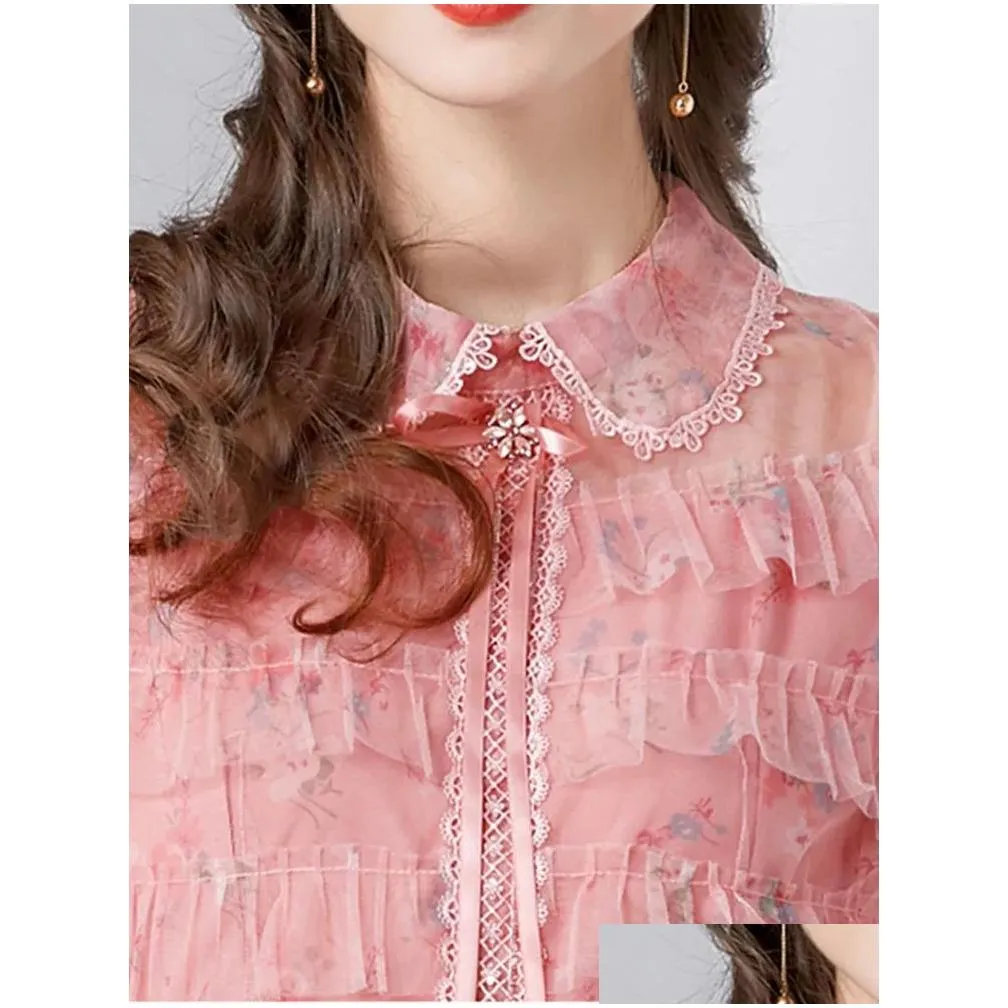 basic casual dresses a line casual dresses sweet pink print ruffle elegant dresses for women lapel long sleeve high waist dress female fashion clothing 