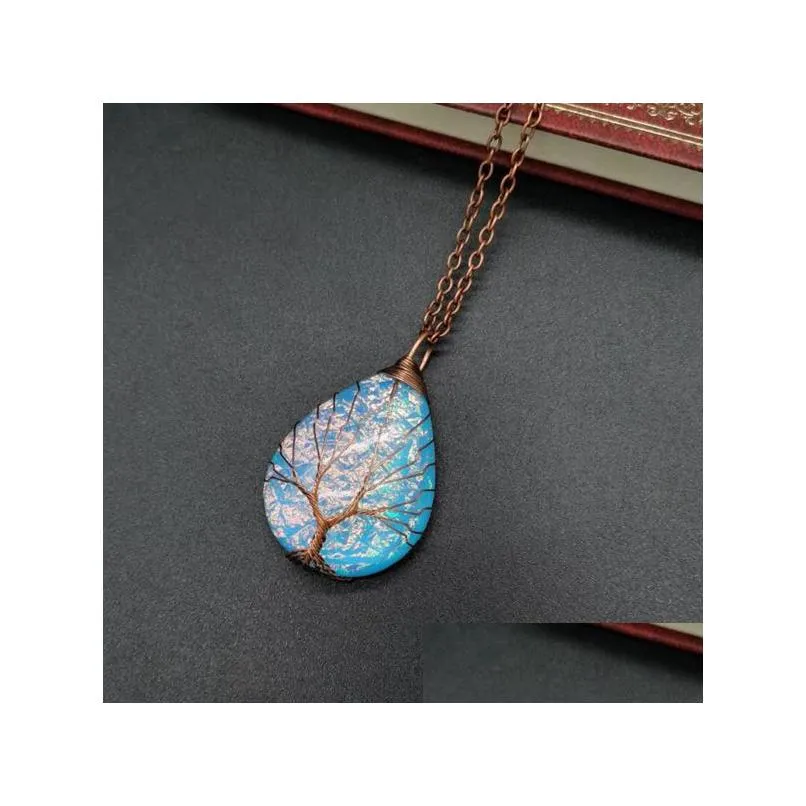 copper wire winding water drop tree of life necklace color changing ripple power stone necklaces hip hop jewelry
