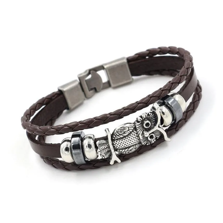 update owl ancient silver bracelet weave multilayer wrap leather bracelets bangle cuff wristband for women men fashion jewelry black brown will and