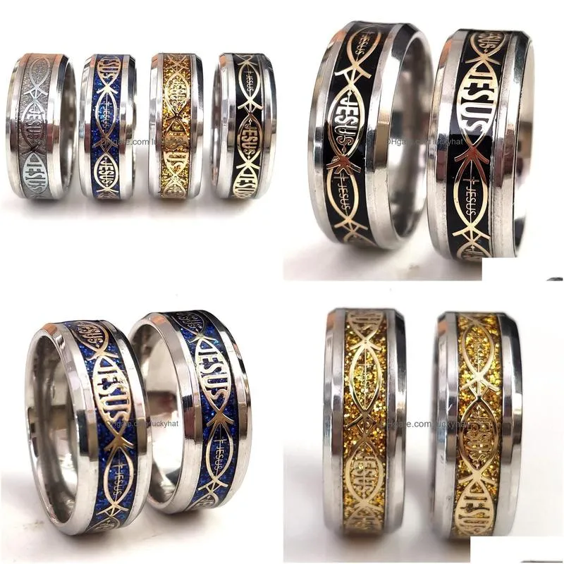 band rings bulk lots 50pcs quality comfort fit jesus fish stainless steel religious ring 8mm men fashion jewelry 230225