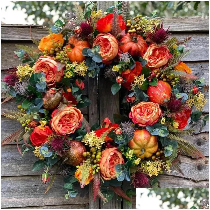 decorative flowers fall wreath 40/50cm artificial autumn harvest peony pumpkin realistic halloween thanksgiving home decor for