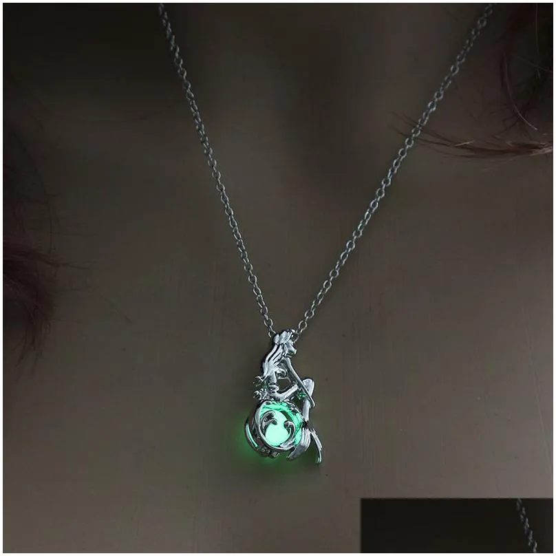 cage luminous necklace love wish natural pearl glow in the dark mermaid pendant hollow locket necklaces drop ship