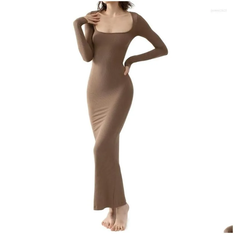 casual dresses women long sleeves dress sexy square neck soft lounge ribbed bodycon