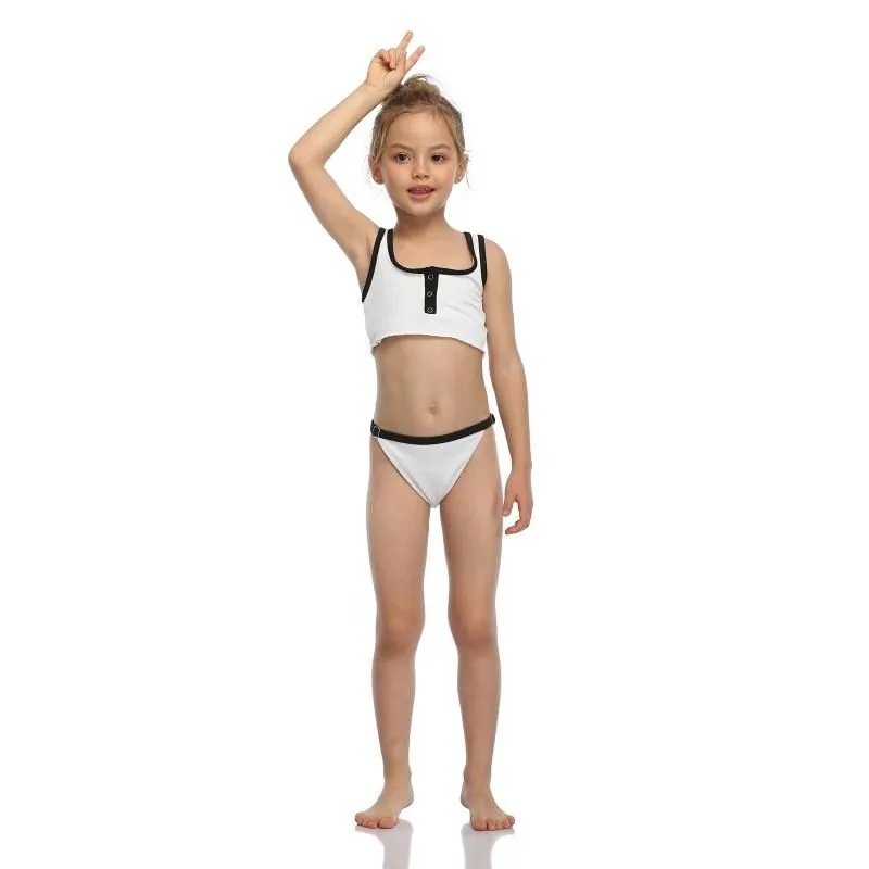 One-Pieces Girl 2021s Cute Two Piece Split Swimsuit  Solid Color Stitching Suspender Tops And Buckle Triangle Shorts