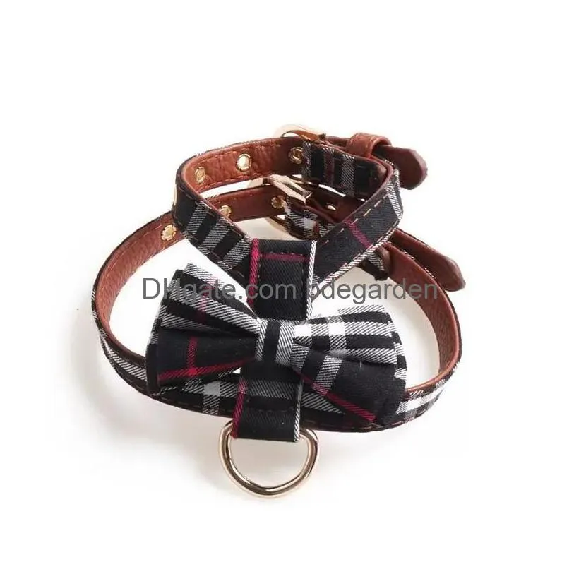 fashion british style plaid pattern dog harness and leashes set for small medium dogs pull adjustable designer dog harnesses with bow vest classic pet collars