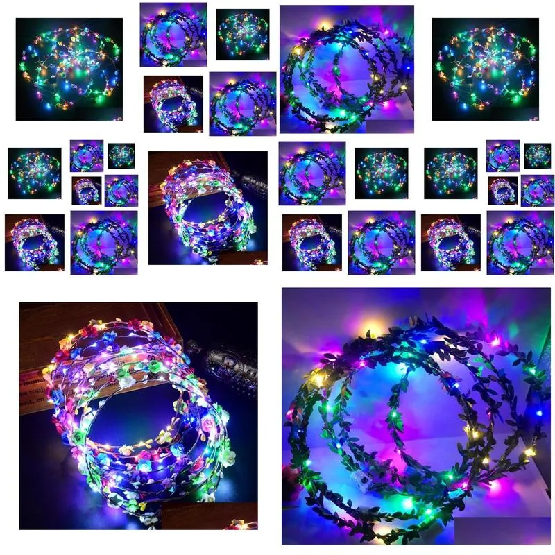 2021 selling led headband lights glow strings flower crown headbands light up hair wreath hairband garlands women christmas