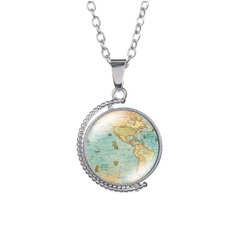 rotatable glass cabochon world map necklace time gem double sided pendant necklaces women children sweater chain fashion jewelry will and