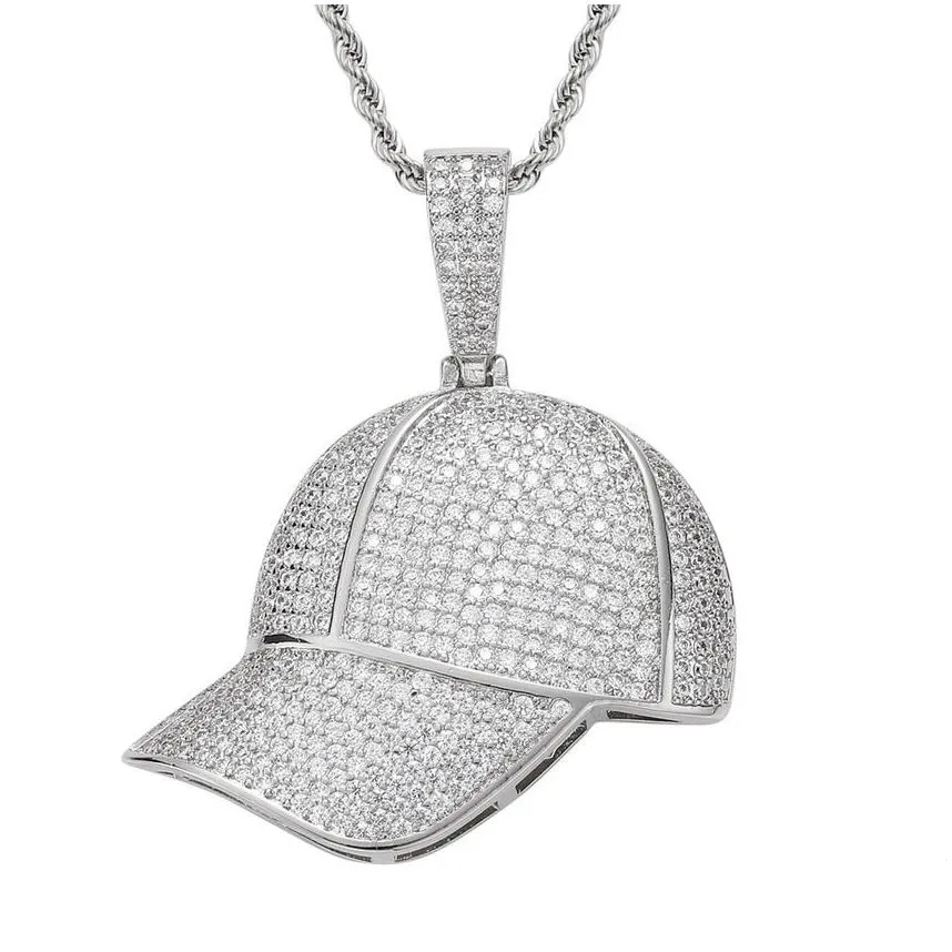 sport baseball hat necklace jewelry set 18k gold cubic zirconia bling diamond hip hop summer hats pendant necklaces women men stainless steel chain will and