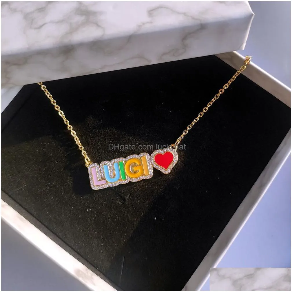 pendant necklaces duoying rainbow pave outline enamel personlized custom name colorful nameplate jewelry 221130