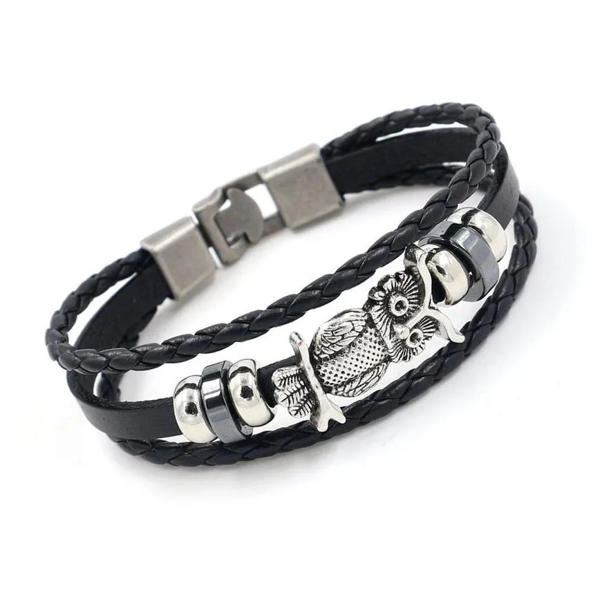 update owl ancient silver bracelet weave multilayer wrap leather bracelets bangle cuff wristband for women men fashion jewelry black brown will and