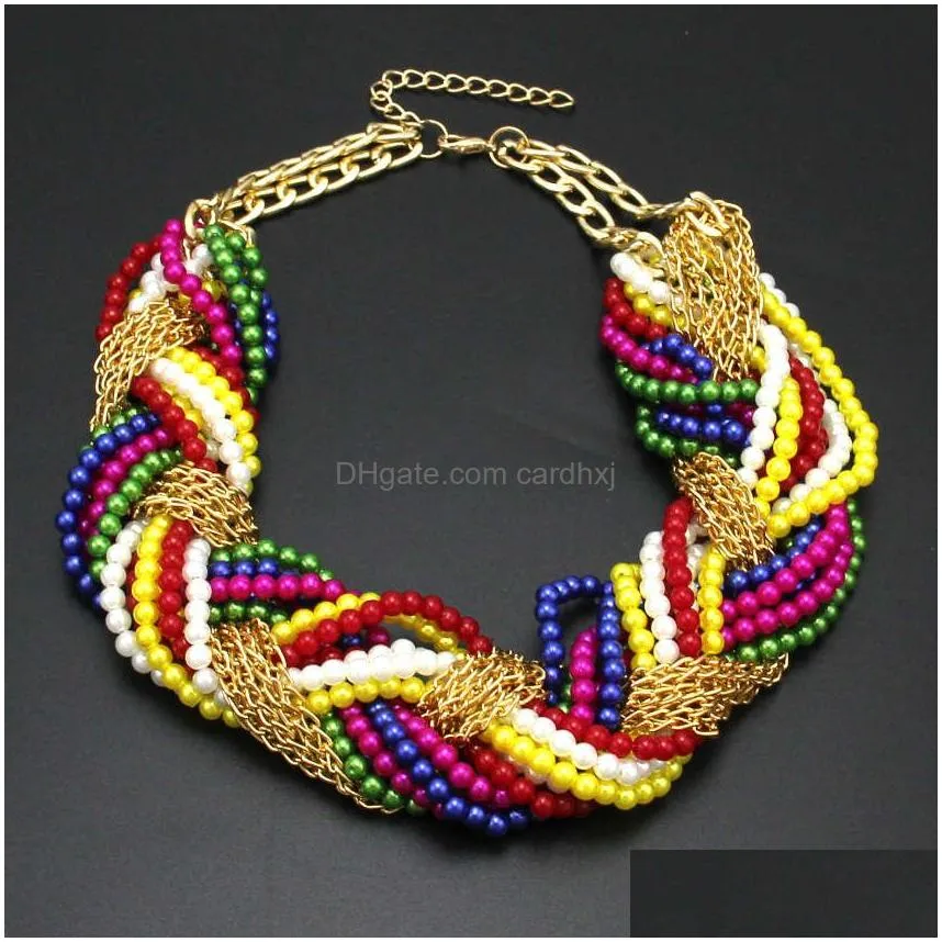 manilai multi layer simulated pearl statement chokers necklaces for women handmade woven chain multicolor beaded chunky