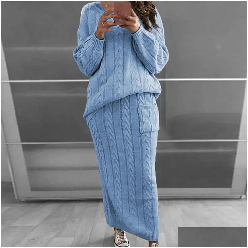 two piece dress shujin autumn winter set women long sleeve jumpers sweater skirt warm knitted outfit top and pants s 221207