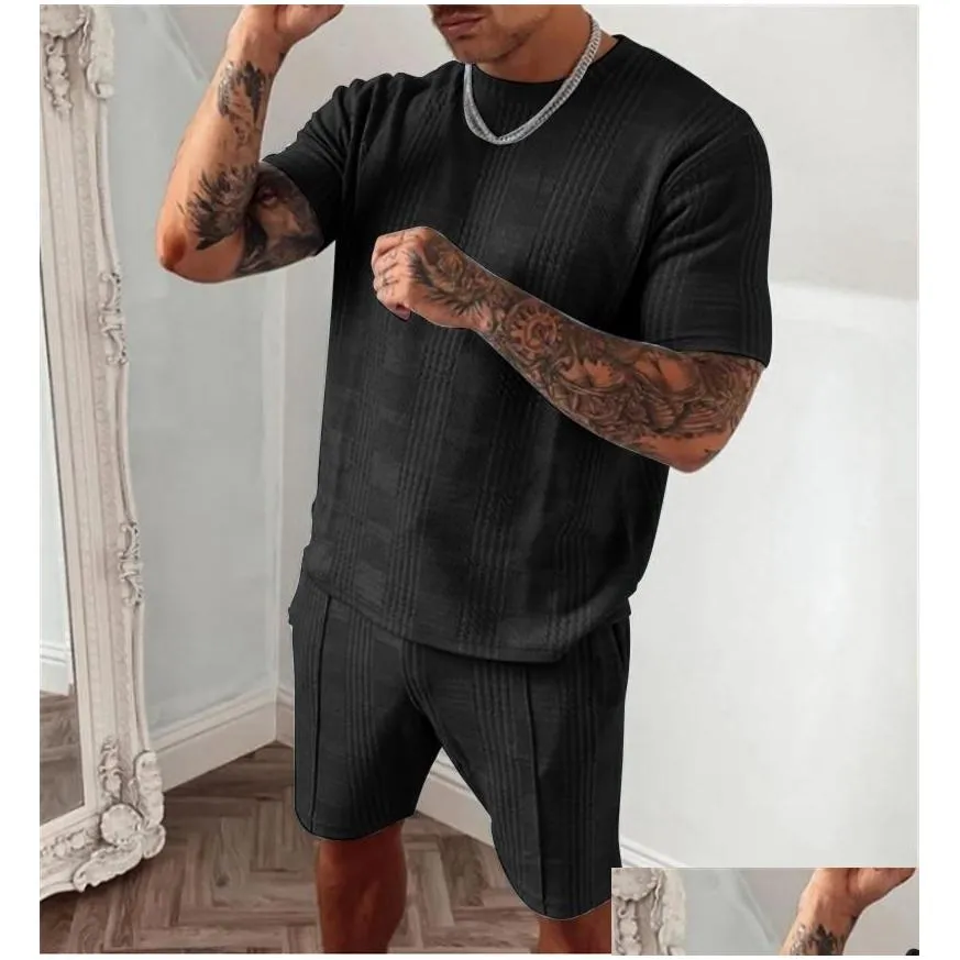 mens tracksuits 2022 summer tracksuit men casual sports set solid color plaid short sleeved shorts sets mens fashion 2 piece