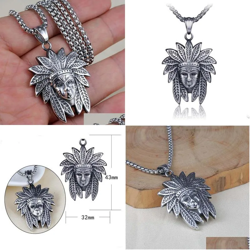 ethnic indian head portrait pendant necklace ancient silver stainless steel necklaces for women men hiphop fine fashion jewelry