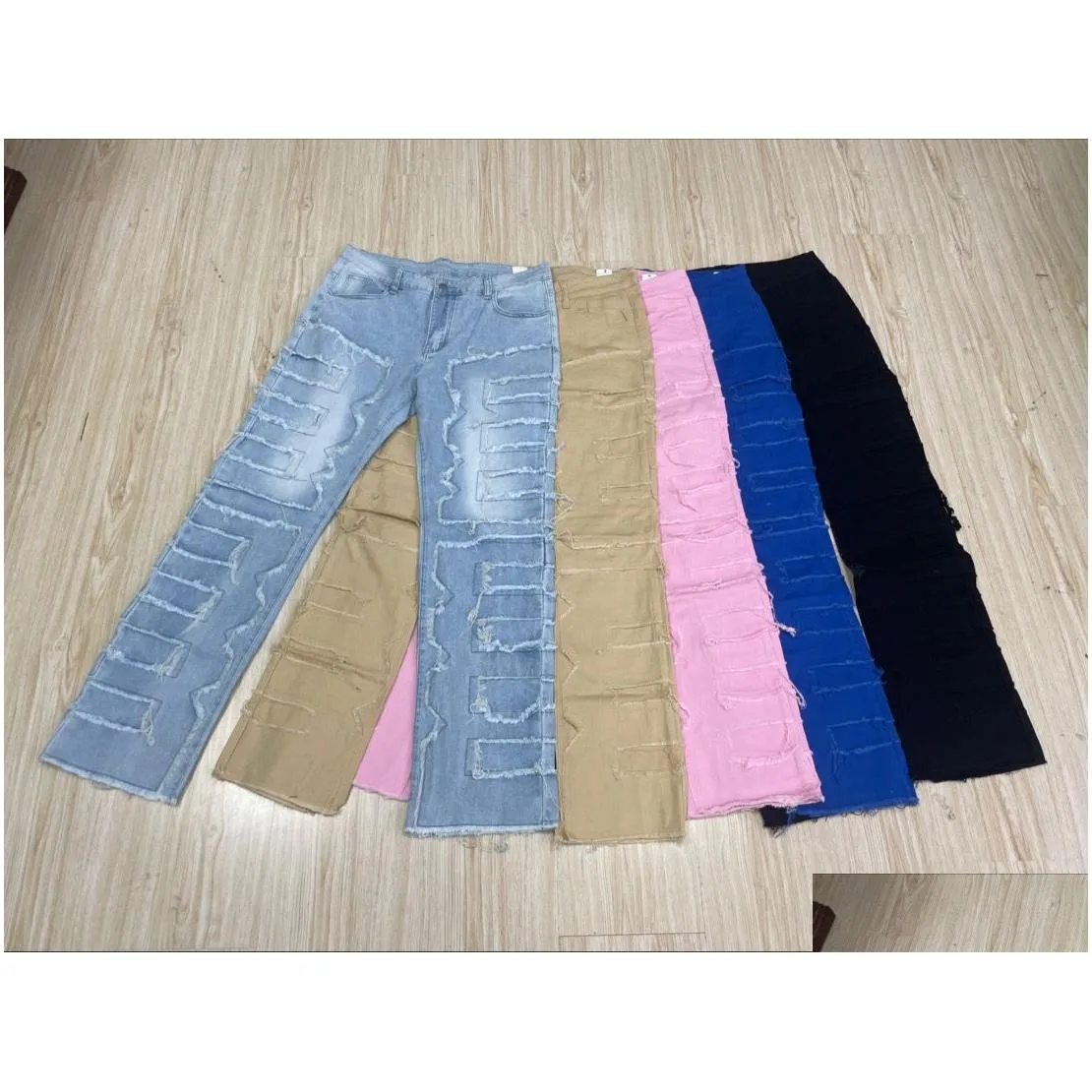 mens jeans regular fit stacked distressed destroyed straight denim pants streetwear clothes casual jean
