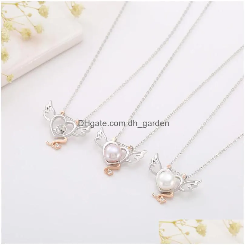 simple heart-shaped angel pearl pendant necklace female s925 pure silver delicate diy empty bracket mount clavicle chain accessories