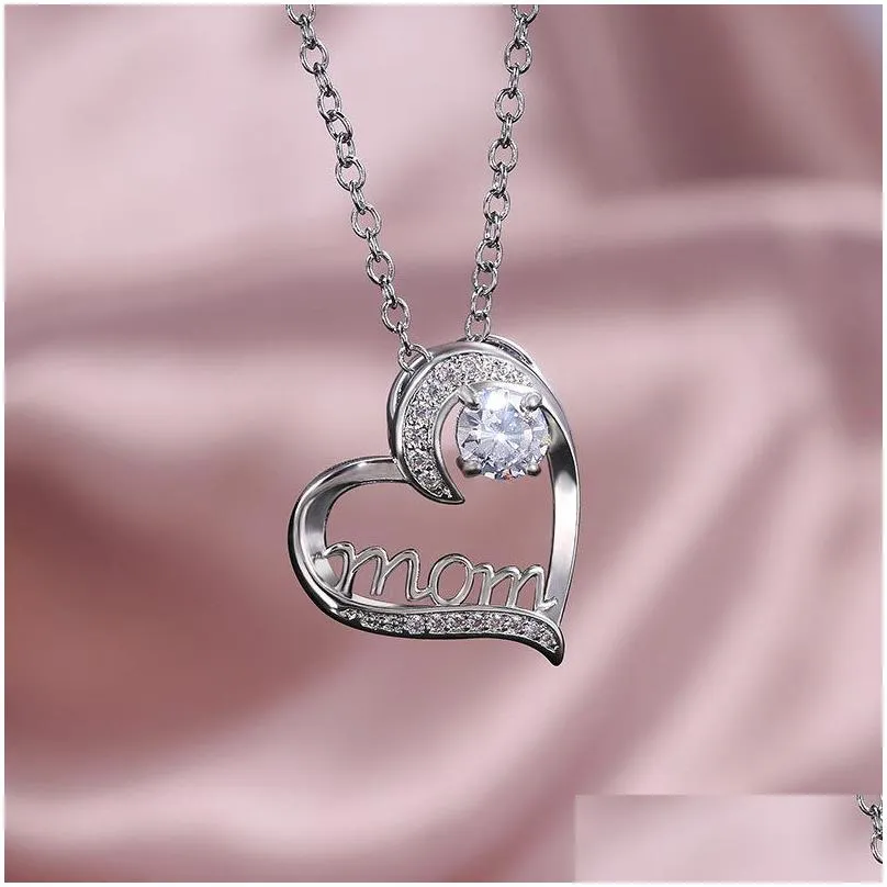 silver diamond mom heart necklace love pendant fashion jewelry mother day gift will and sandy