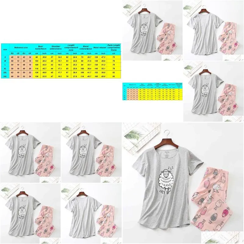  summer women pajamas cotton print pink sheep pajama set top add capris elastic waist plus size 3xl lounge pijamas s92905 210330