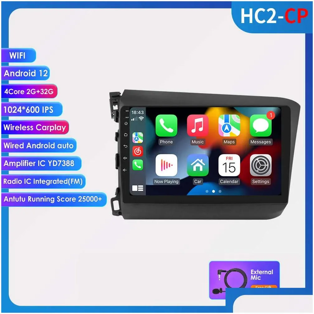 dsp ips 4g 9 2 din android 12 car radio for honda civic 2012 2013 2014 2015 multimedia player 2din carplay stereo gps head unit