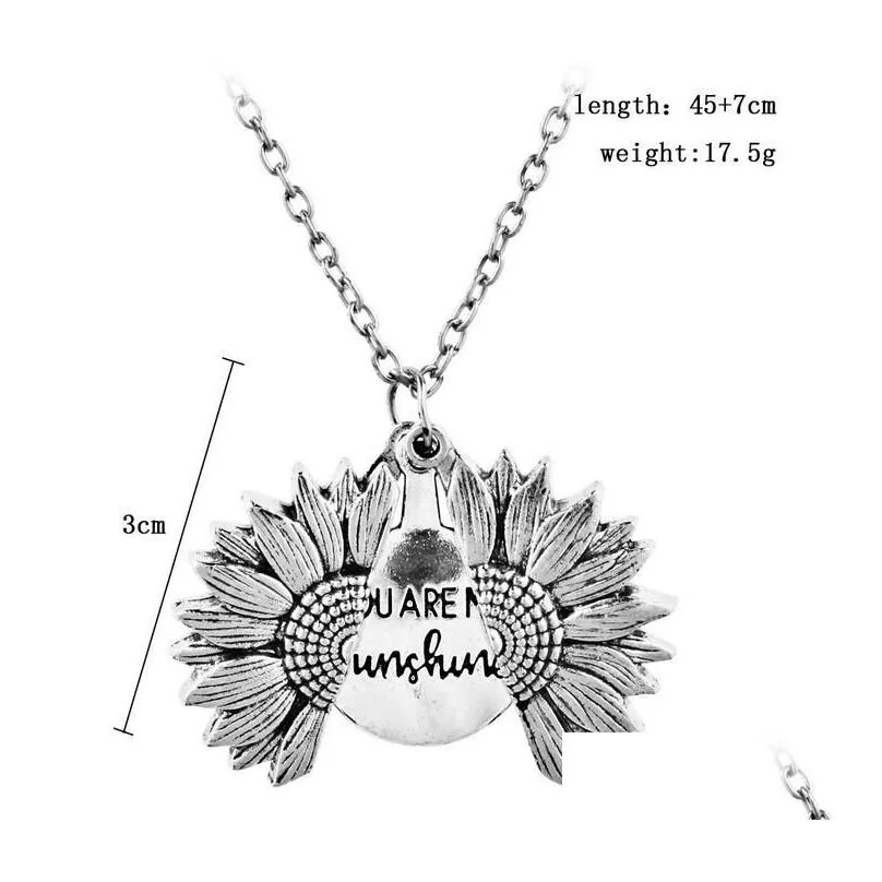 you are my sunshine sunflower necklaces for women gold open locket pendant long chain fashion inspirational jewelry gift wholesale