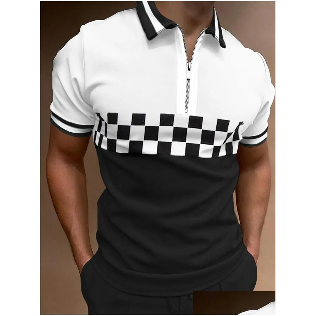 mens polos 2022 men shirts summer high quality casual fashion short sleeve striped s mens turn-down collar zippers tees