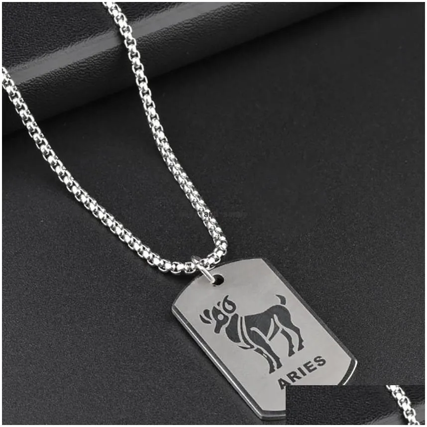 stainless steel 12 zodiac sign necklace men hip hop id dog tag pendants charm star sign choker astrology necklaces fashion jewelry will and