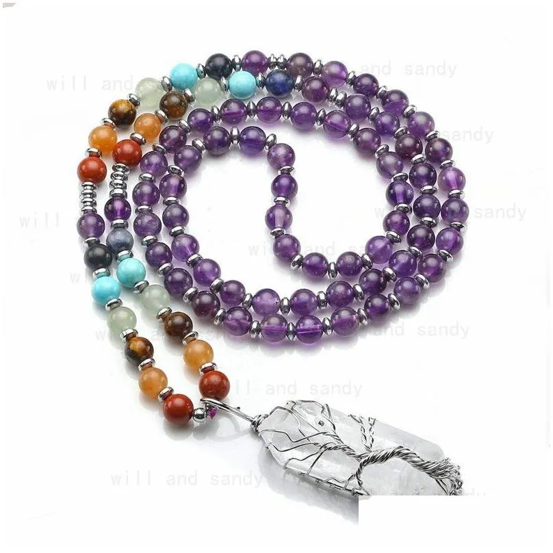 yoga 7 chakra semi precious stone beaded necklace natural stone strand quartz hexagonal prism tree of life crystal pendant necklaces women fashion