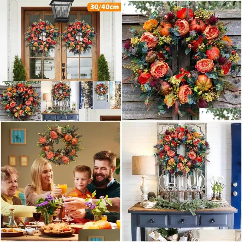 decorative flowers fall wreath 40/50cm artificial autumn harvest peony pumpkin realistic halloween thanksgiving home decor for