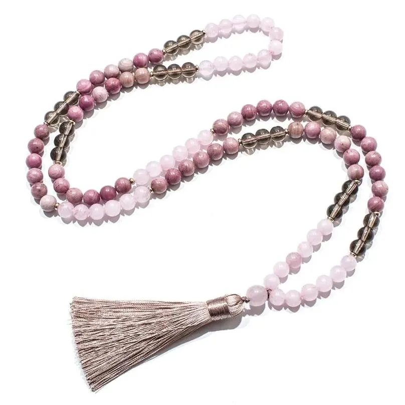 pendant necklaces 8mm rhododenite rose quartz beaded 108 mala necklace meditation yoga prayer japamala suit tassel for women