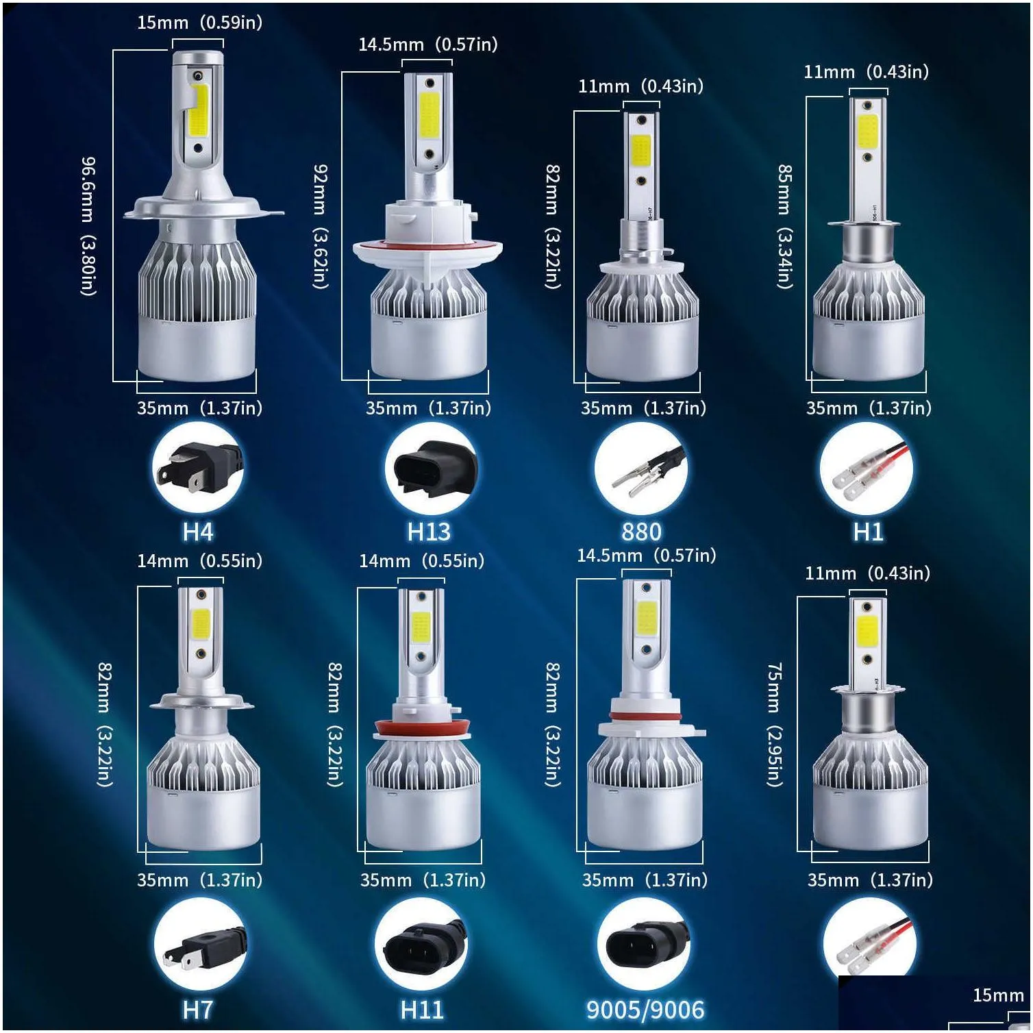  2x h7 led h11 h4 hi/lo h1 h3 h8 hb1 hb3 hb4 hb5 hir2 h13 h27 9005 9006 car headlight bulbs 3000k 6000k 8000k cob c6 car lights