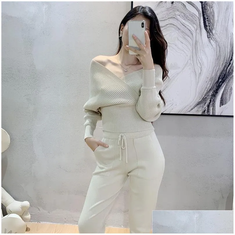 womens two piece pants elegant tracksuit sexy two piece set women korean style ribbed knitted backless top and long harem pant suit autumn outfits y2k