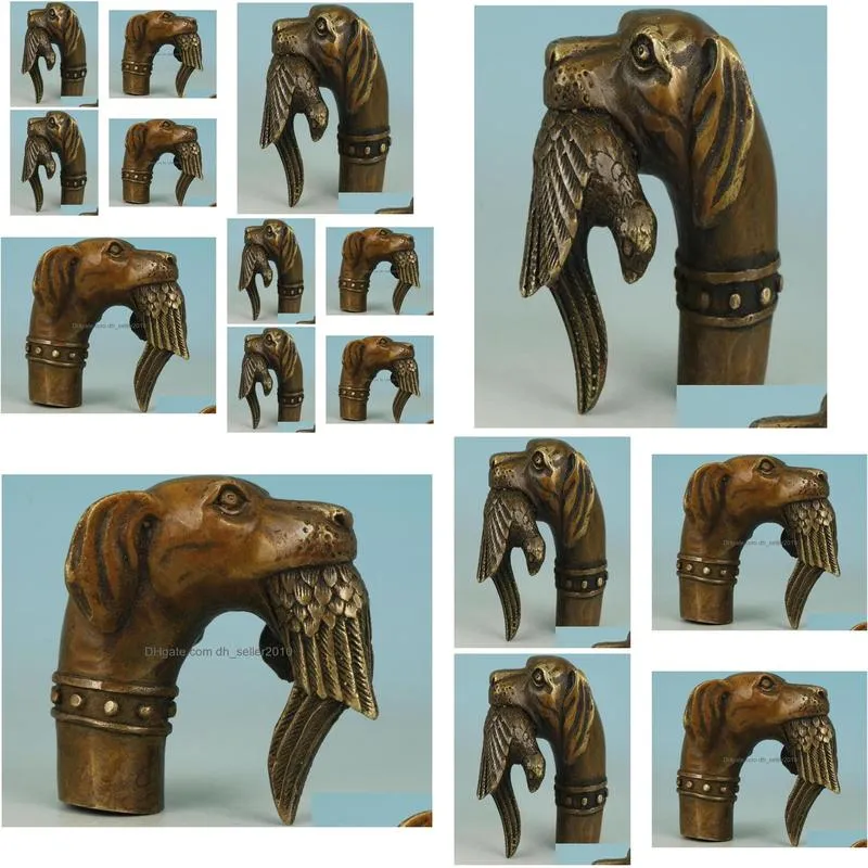 decoration copper crafts chinese old bronze hand carved dog bitten birds statue cane walking stick head 1549135