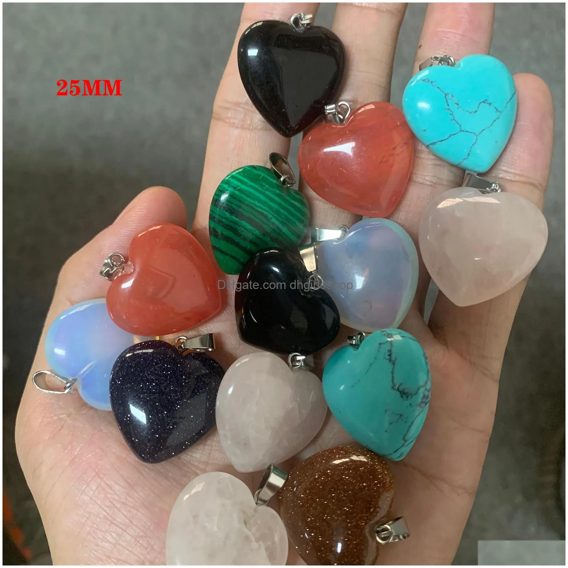 natural crystal stone pendant necklace hand carved creative heart shaped gemstone necklaces fashion accessory gift with chain 20mm