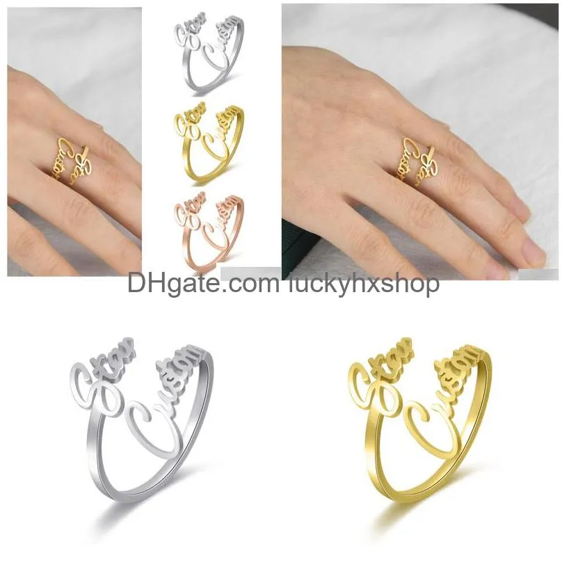  size customized ring with english name stainless steel couple 18k gold plating ring band opening is adjustable