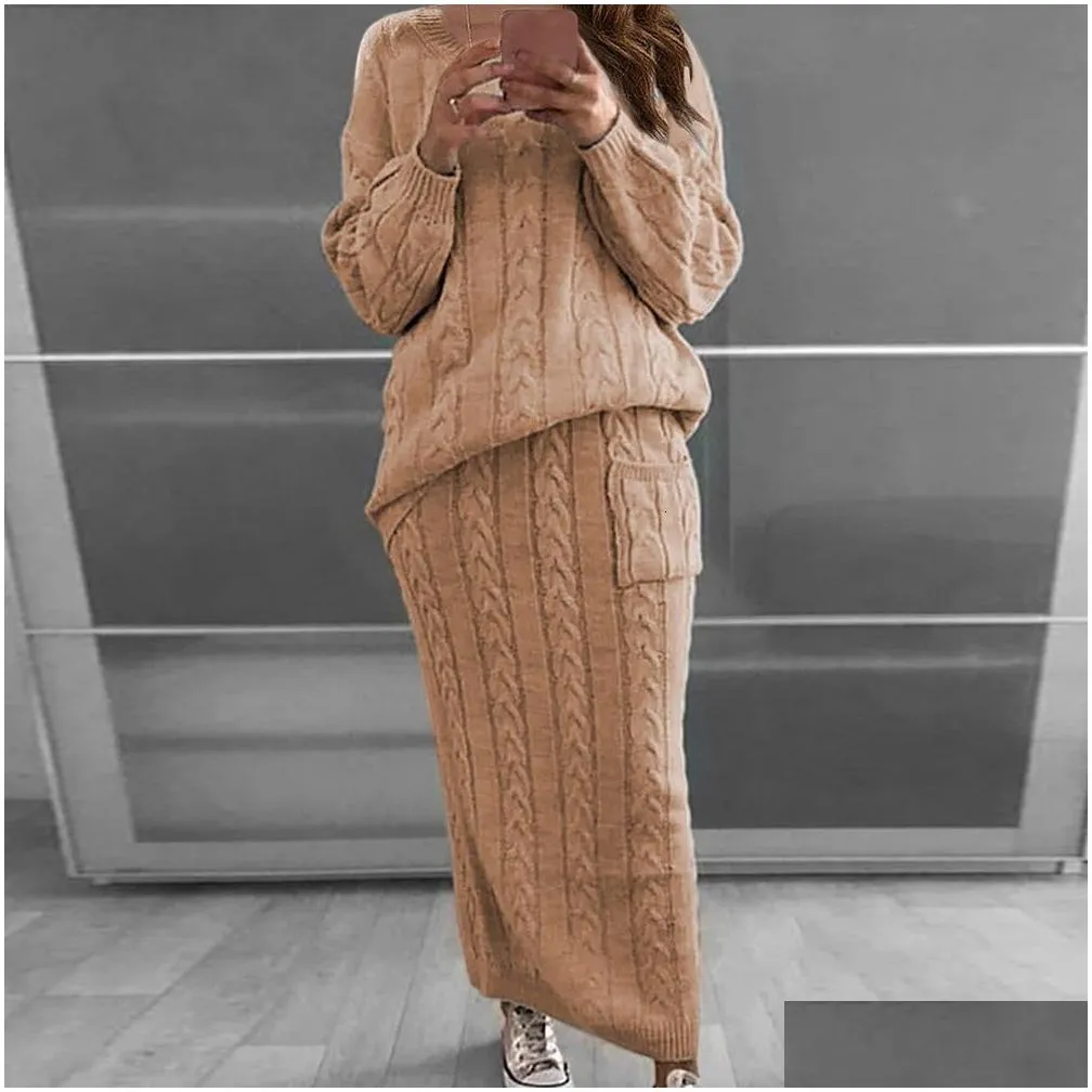 two piece dress shujin autumn winter set women long sleeve jumpers sweater skirt warm knitted outfit top and pants s 221207