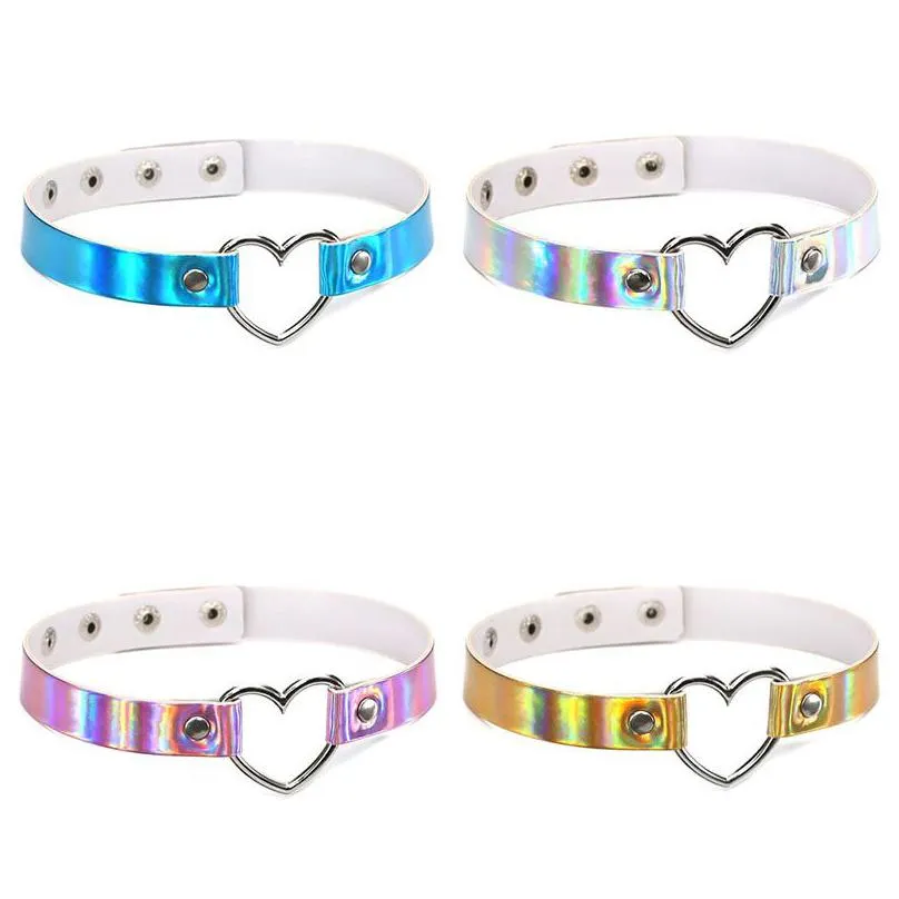 chockers harauku pu leather choker necklace women holographic heart metal laser collares chocker jewelry will and sandy