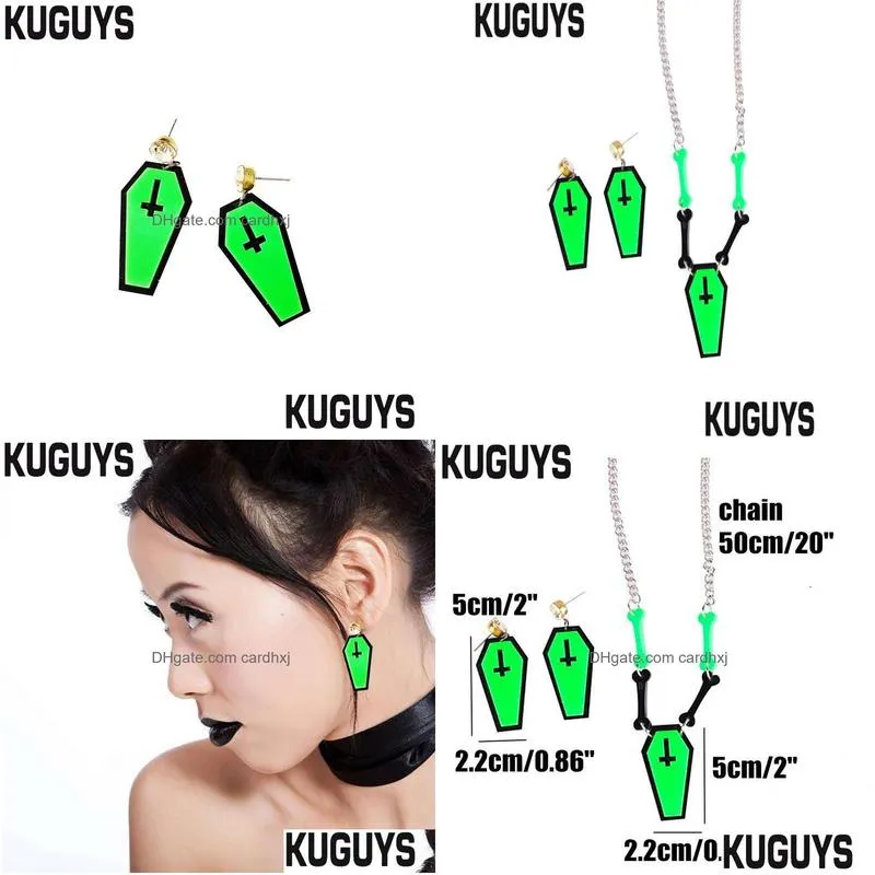 halloween horror jewelry set acrylic neon green coffin bone drop earrings pendant necklace trendy accessories3740888