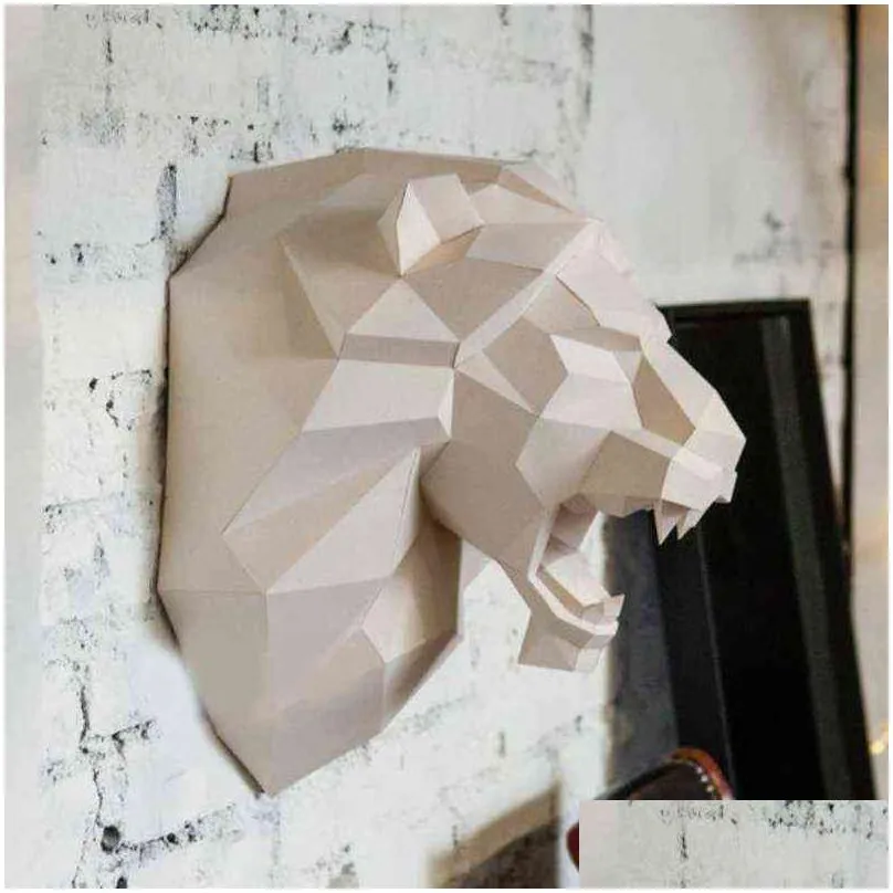  head 3d paper model animal sculpture papercraft diy craft for living room decoration home decor bar wall art 211105