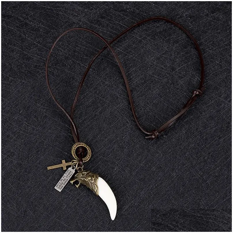 bronze animal tooth necklace wolf retro letter id cross charm adjustable leather chain necklaces for women men hip hop fashion jewelry