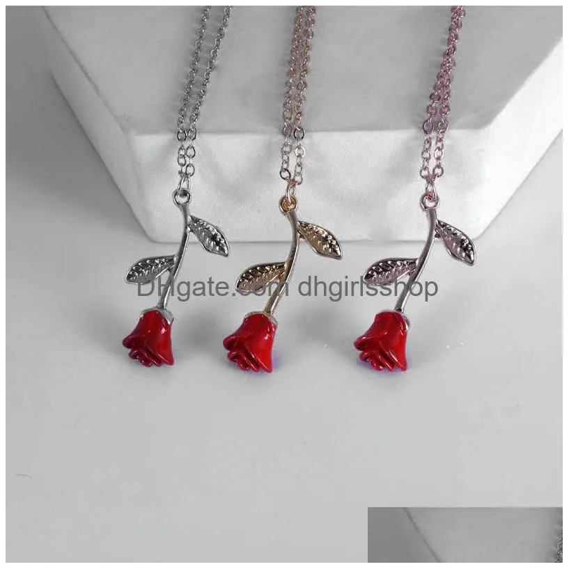 romantic red rose pendant necklace valentines day gift fashion necklaces for girlfriend designer women jewelry accessories