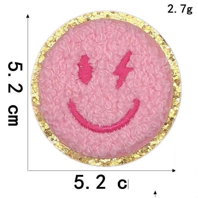 smile face iron on sewing notion cute iron ones 2 inch glitter chenille preppy happy face applique for hats t-shirt backpack jeckets clothes diy