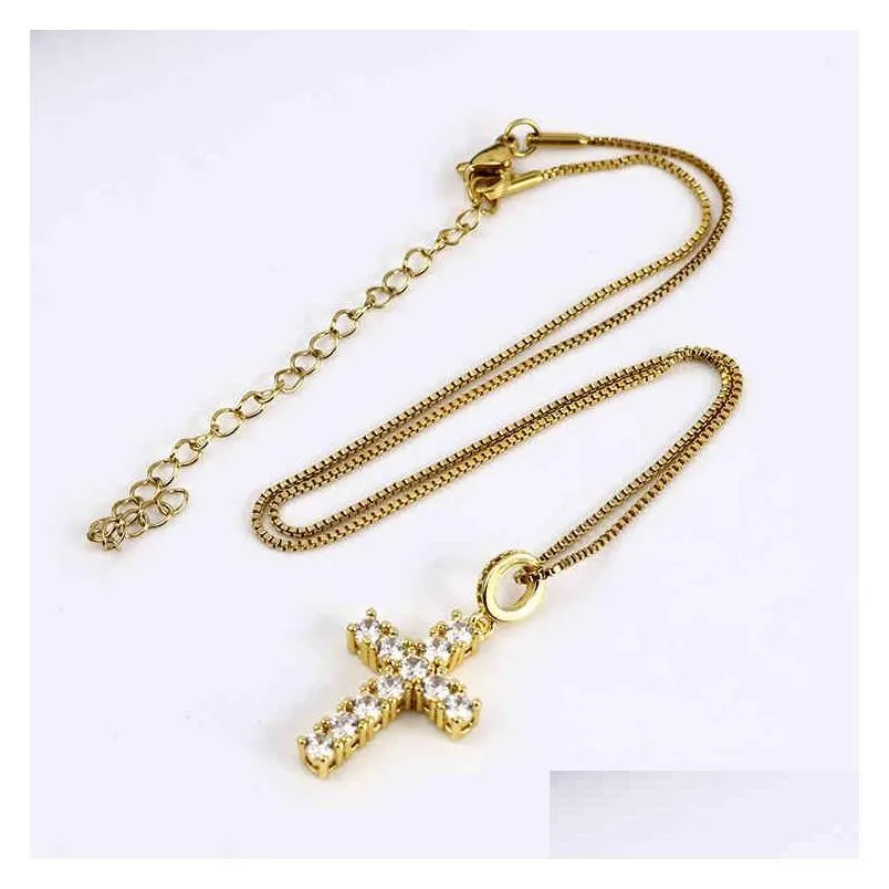 ns1082 high quality diamond christian religion jewelry gold plated stainless steel chain cz micro pave cross pendant necklace