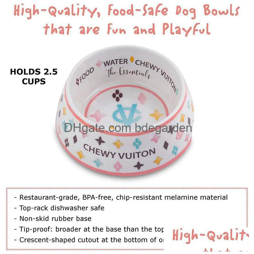 designer dog bowls and placemats set dishwasher safe food grade non-skid bpa- malamine bowls and durable eva feeding placemats with fun brand parody designs