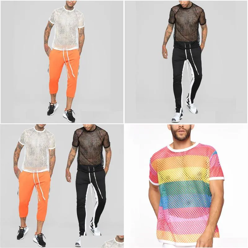 mens transparent sexy mesh t shirt 2022 see through fishnet long sleeve muscle undershirts nightclub party perform top tees