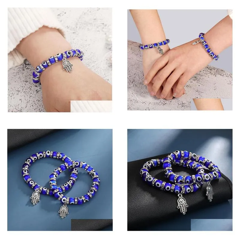 8mm turkey evil blue eyes beaded strands bracelets chain men women kids religious hamsa hand charm bracelet bangles handmade jewelry